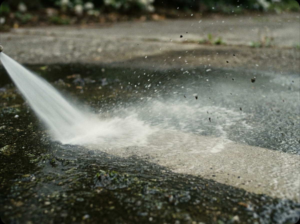 High-pressure water blasting grime off a residential driveway