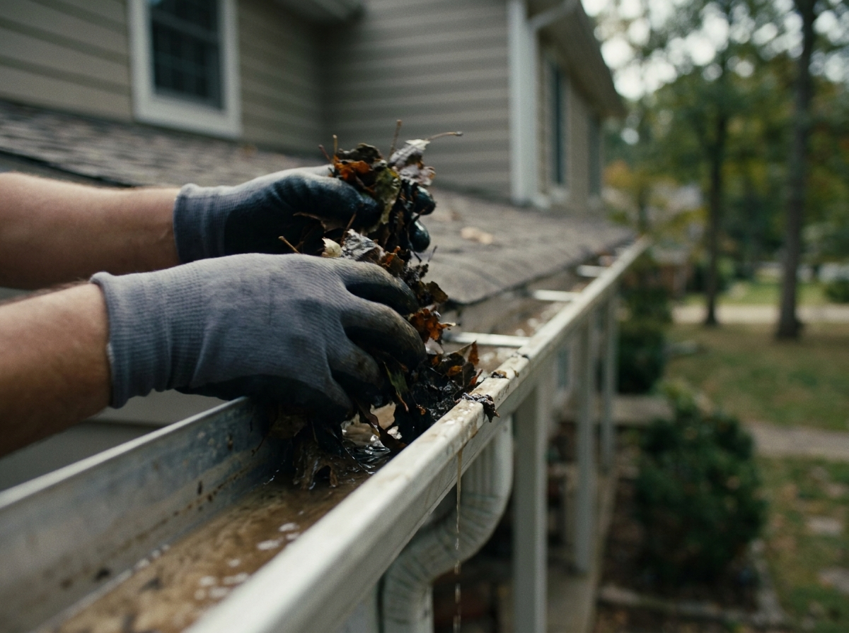 Professional gutter cleaning on a suburban home