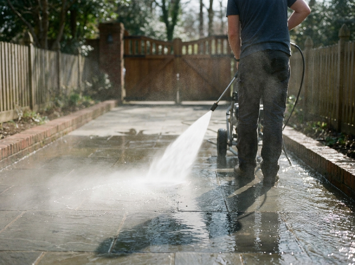 Pressure washer cleaning a concrete walkway leading to a home entrance