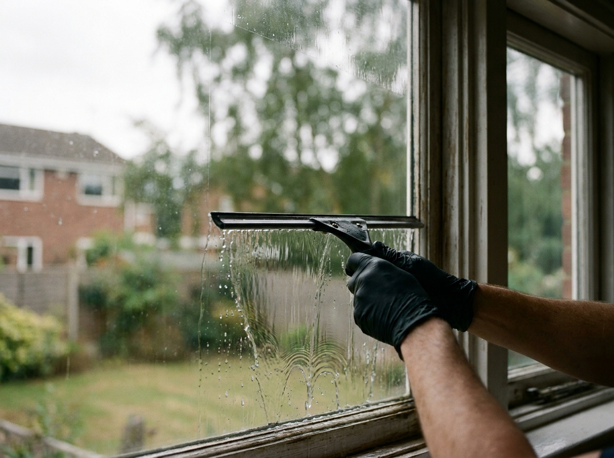 Professional window cleaning with squeegee on sparkling glass